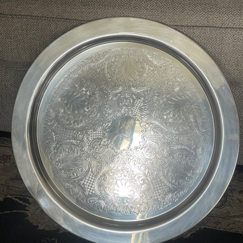 Silver Plated Serving Platter 20" Lg Butlers Tray Embossed Scroll Monogrammed L - Picture 2 of 5